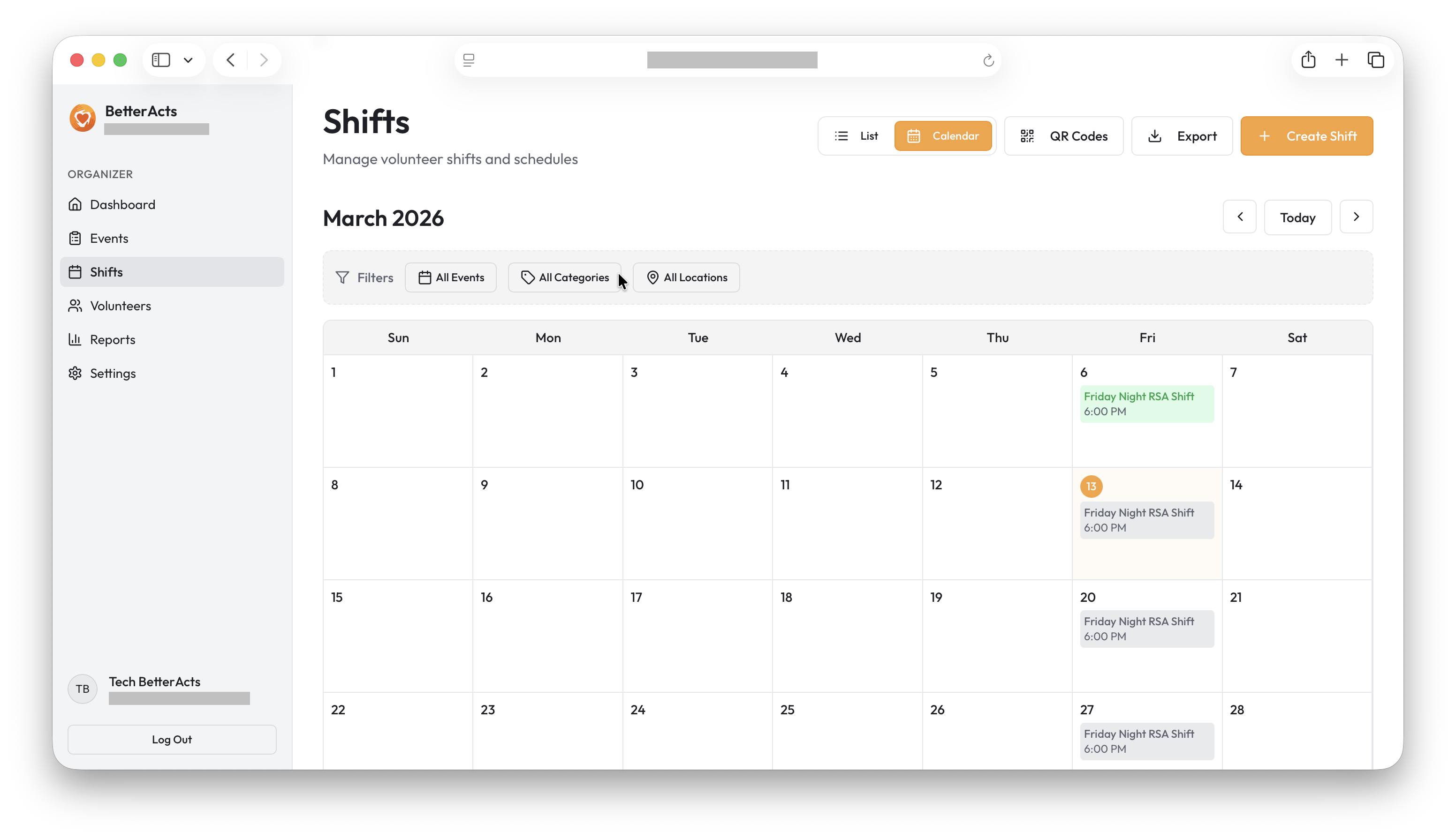 BetterActs Volunteer Management Tool — shifts calendar view
